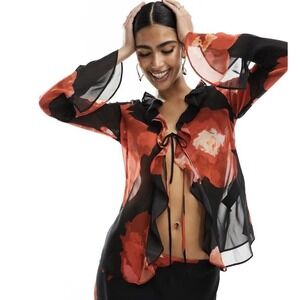 Forever New 8 Posie Ruffle Blouse Co-ord Dark Floral Sheer Fairy Grunge Festival